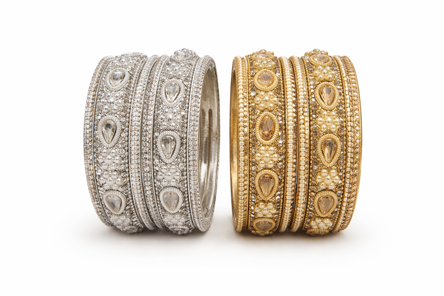 BRASS GOLDSILVER TEARDROP CRYSTAL EMBELLISHED TRADITIONAL BRASS BANGLE SET (GOLD & SILVER FINISH) - Image 1